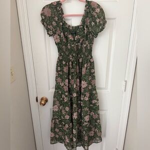 Floral Green and Pink Midi Dress